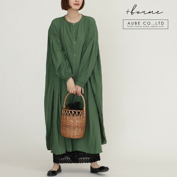 sale【春夏】綿レーヨンシャーリング長袖ワンピース2025新作の