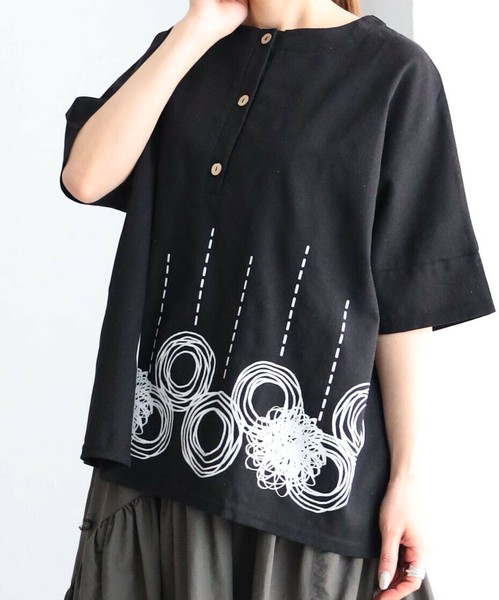 送料無料 いつまで 麻混プリントゆったりTシャツ hanahana（ハナハナ）2025新作春夏 その他