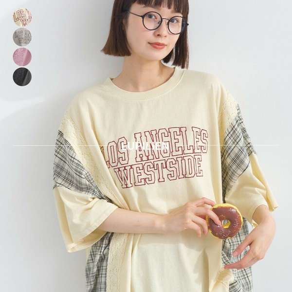 18S天竺ピグメント レース&チェック ロゴ刺繍 ドッキング ワイド