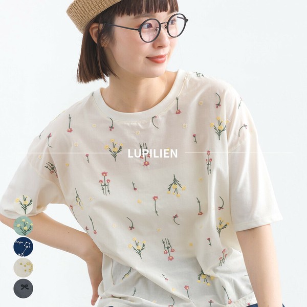 総刺繍布帛＊21S TC天竺 切替 プルオーバー Tシャツ フラワー