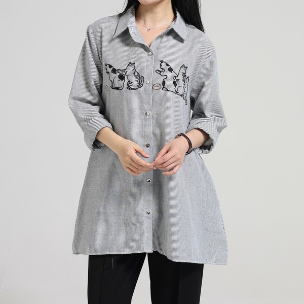 Button Shirt/Blouse Tunic Stripe Cat Embroidery | Import
